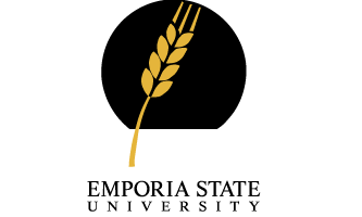 A black circle with a golden stalk of wheat. The text Emporia State university is below the logo.