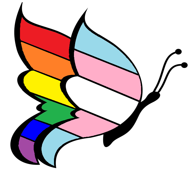 A gynandromorph butterfly, bordered in black, with the front wing using the 
			 colors of the Transgender Pride Flag and the back wing using the colors of the
			 Rainbow Pride Flag