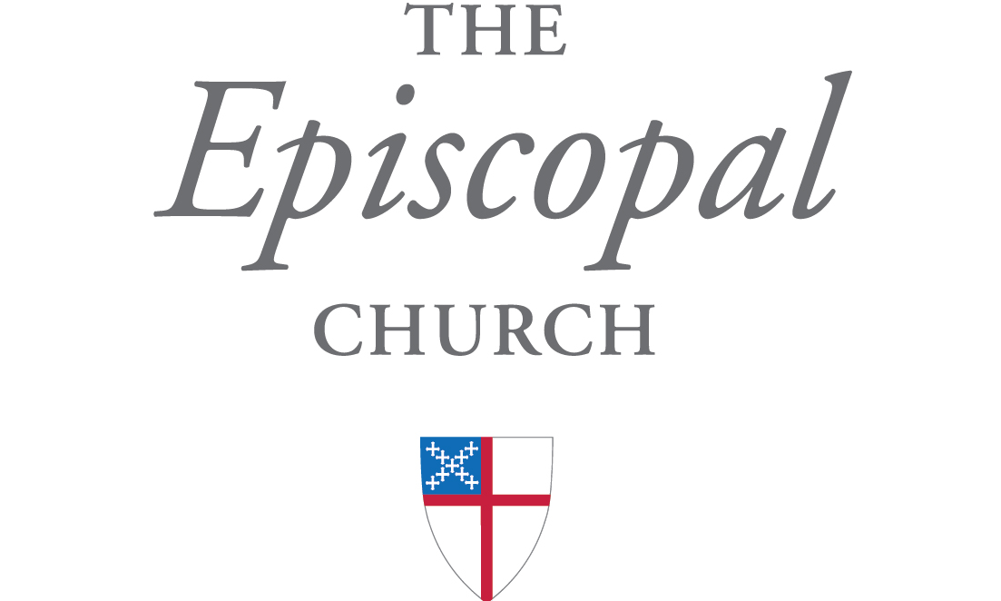 Text reading The Episcopal Church over a shield shaped logo with a red cross. The top left corner is blue and has nine white crosses forming and x over it.