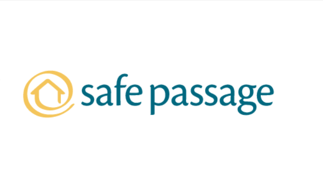 The outline of a house with a circle around it forming an upwards pointing arrow in yellow with teal text reading Safe Passage