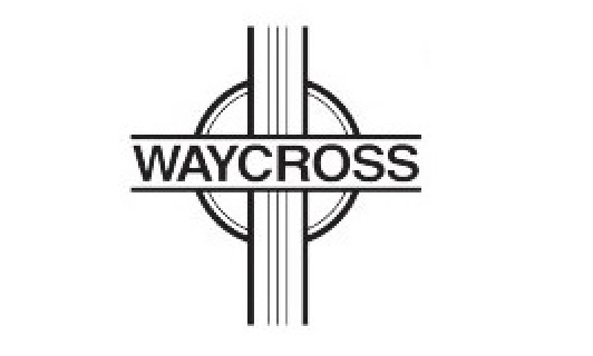 Black and white image of a cross with a circle around the center. The text Waycross is written on the horizontal bar.